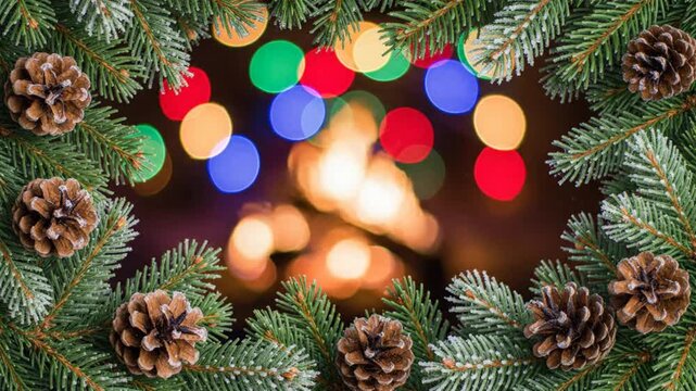 Festive Christmas border with pine cones and twinkling colorful lights for holiday seasonal background