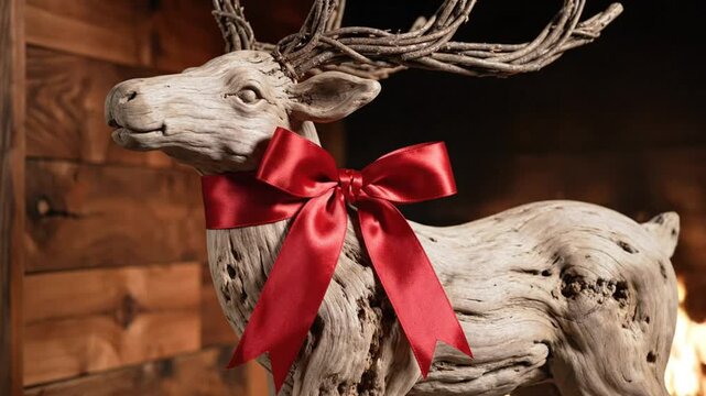Rustic wooden reindeer decoration with red bow in front of a warm fireplace creating a festive Christmas holiday mood