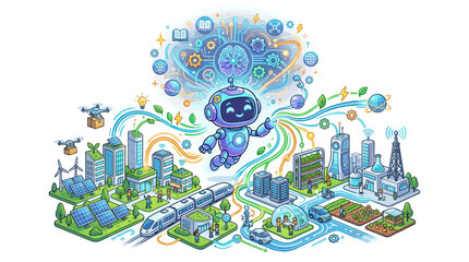 Fototapeta premium AI Robot Enhancing Smart City with Sustainable Technology and Innovation