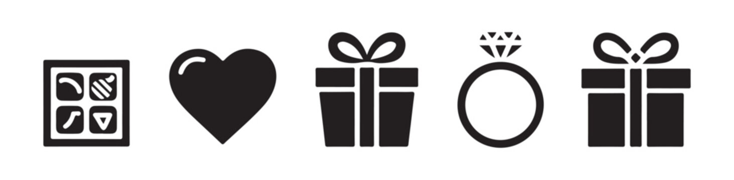 Set of five various icons representing romantic and gift items including heart shape and diamond ring box.