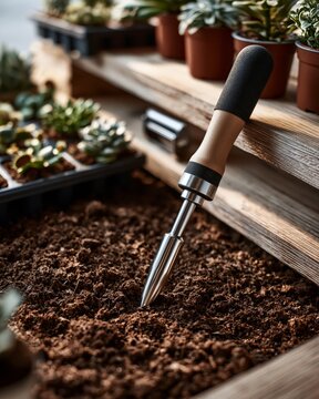 Adaptive Gardening Dibber Tool with Foam Grip in Potting Soil
