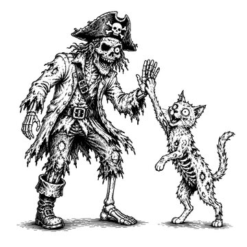 A zombie pirate and zombie cat share a high five in a detailed black and white Halloween illustration with a playful spooky mood.