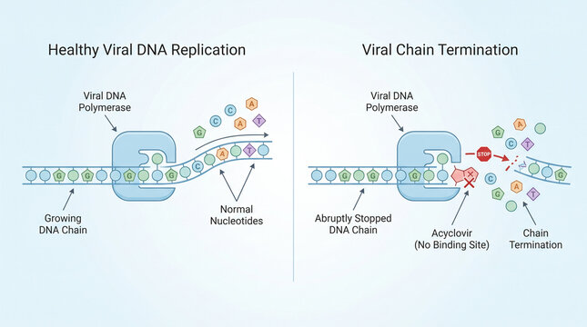 Vector Infographic of Viral DNA Replication and Acyclovir Chain Termination