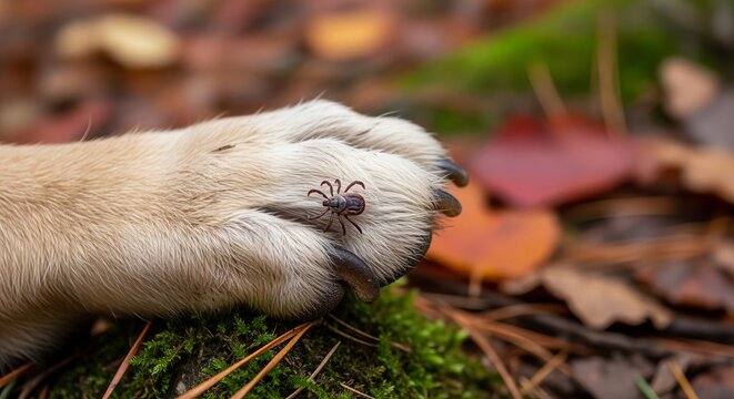 Close up of a dangerous tick crawling on a dog s paw during an autumn walk in the forest