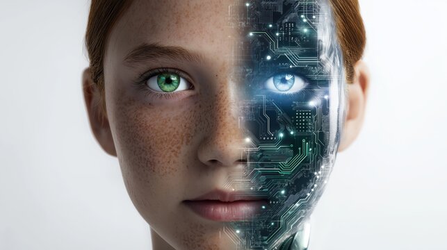 Half Human Half Cyborg Portrait of Young Person with Natural Features and Futuristic Bionic Enhancements.