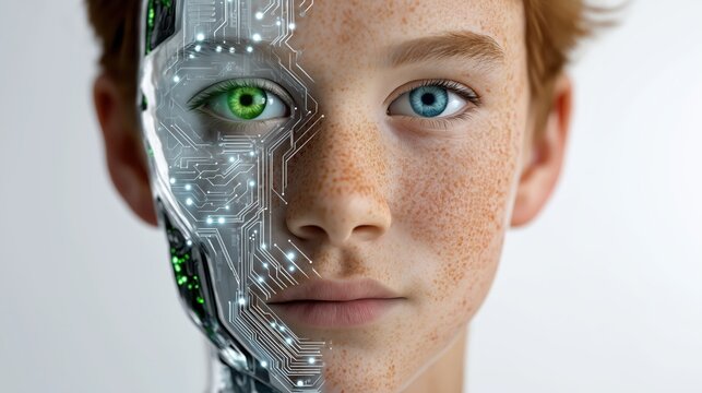 Half Human Half Cyborg Portrait of Young Person with Natural Features and Futuristic Bionic Enhancements.