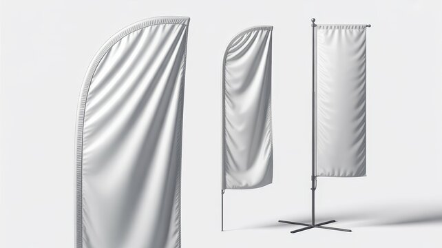 Blank white beach flag mockup set, realistic fabric feather banner collection, outdoor promotional wind flags for event branding and marketing