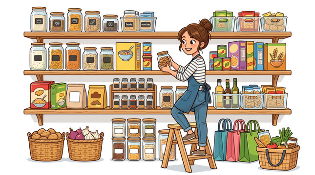 Woman organizing pantry shelves with jars of food and groceries on a step ladder