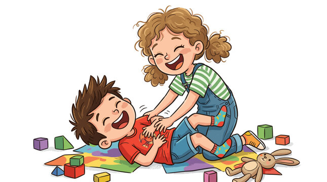 Joyful siblings sharing laughter and fun while playing together with toys and blocks on a colorful mat
