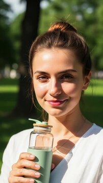Young woman drinking from a reusable glass water bottle in a sunny park, portrait sequence shows sipping, smiling and relaxed outdoors