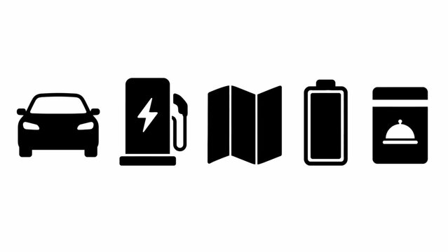 Car, electric charging station, map, battery, food delivery icons
