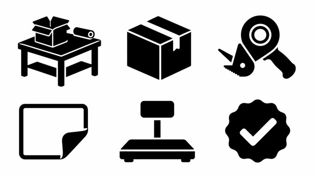 Packaging tools and icons: box, tape, scale, label, checklist symbols