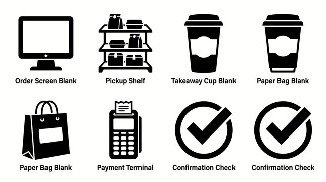 Order screen, pickup shelf, takeaway cup, paper bag, payment terminal, confirmation check icons
