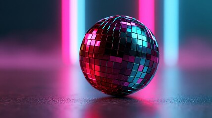 Obraz premium Disco ball with neon cyan and magenta beams in dark modern studio