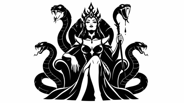 Medusa queen on throne with serpent snakes graphic.