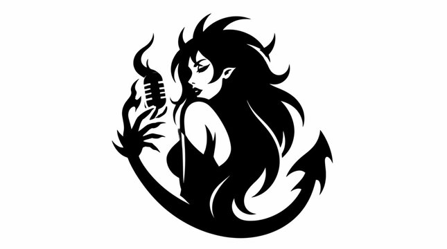 Female demon holding microphone with long tail silhouette.