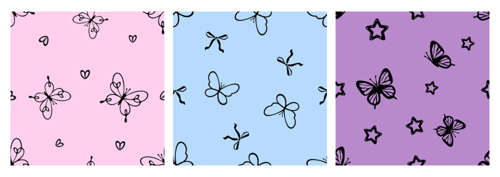 Cute butterfly seamless pattern collection with hand drawn butterflies, hearts, bows and stars on pastel pink, blue and purple backgrounds, whimsical doodle vector design.