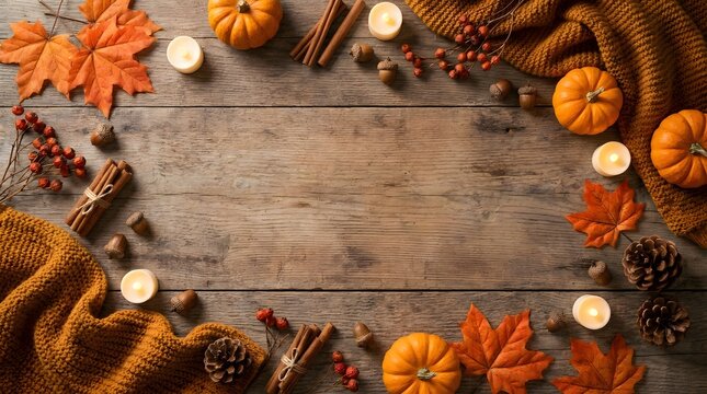 Cozy autumn fall background with pumpkins leaves and candles on wooden table