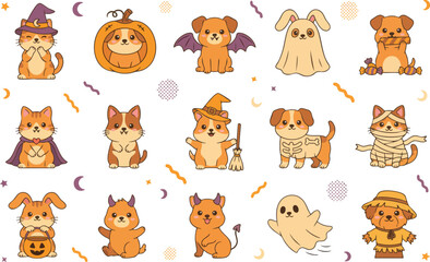 Obraz premium Cute halloween animals set with cats and dogs in spooky costumes for autumn holiday design and greeting cards