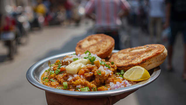 Traditional indian street food pav bhaji served on a metal plate with buttered toasted buns chopped onions and fresh lemon in a outdoor setting fast food spicy food south asian street market