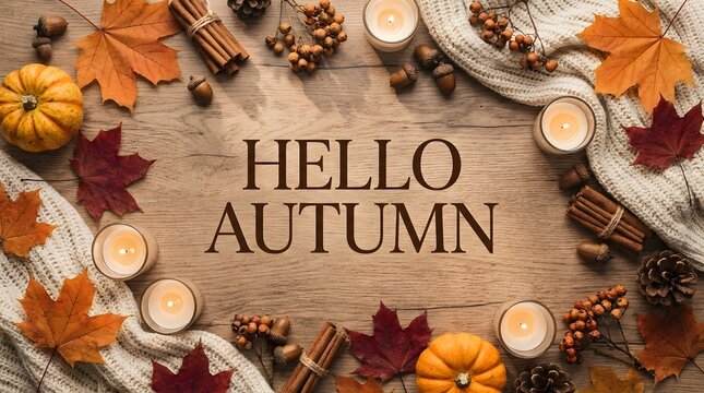 Cozy autumnal scene with pumpkins leaves and candles