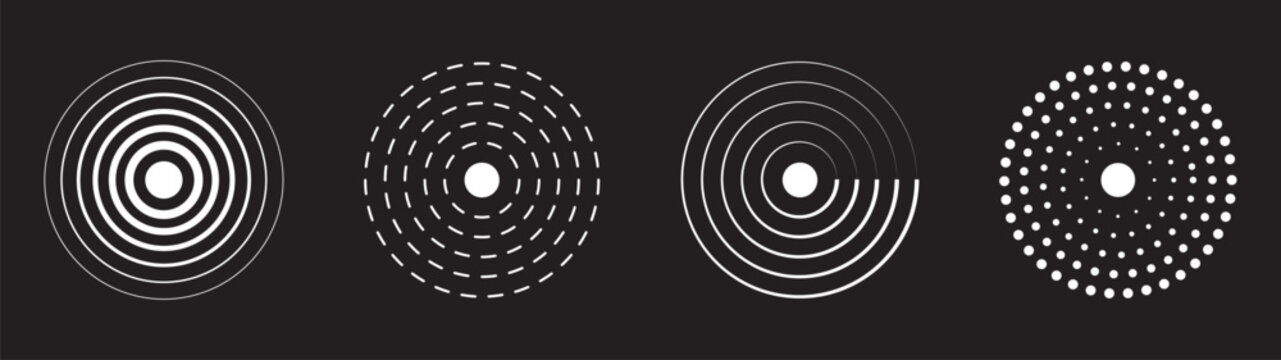 Concentric ripple circles set. Radial signal or vibration elements. Hypnotic vertigo spiral. Sound wave rings collection. Linear set of radar, sonar waves, concentric radial signal circles. 
