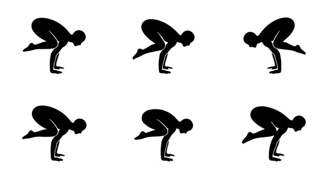 Yoga Crow Pose Silhouettes, Crane Pose Vector Icons, Fitness Balance Exercise Poses