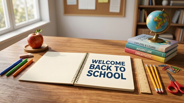 Welcome back to school desk with educational supplies