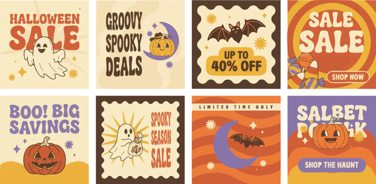 Retro halloween social media posts with vintage ghost and pumpkin characters for groovy autumn holiday marketing