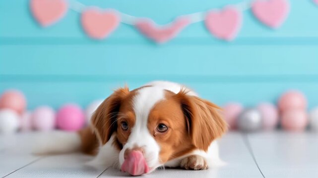 Cute playful puppy wearing a heart patterned bandana looking at camera in a bright pastel studio creating a cheerful companion portrait