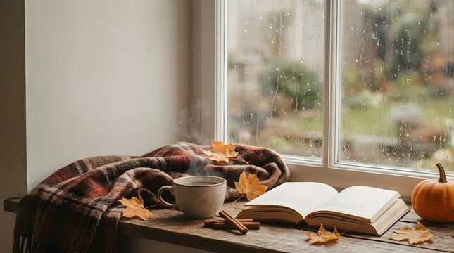 Cozy autumn scene with book coffee and pumpkin by rainy window
