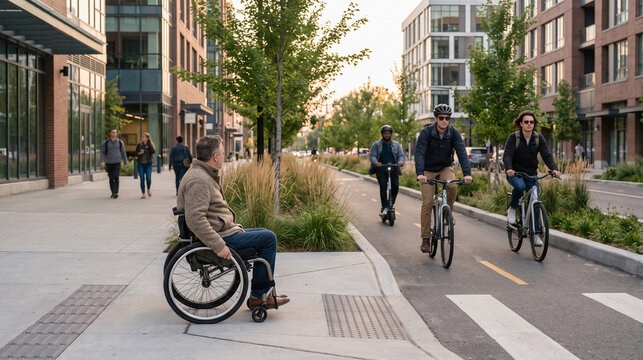Barrier-Free Protected Bike Path on Accessible Modern Urban Street