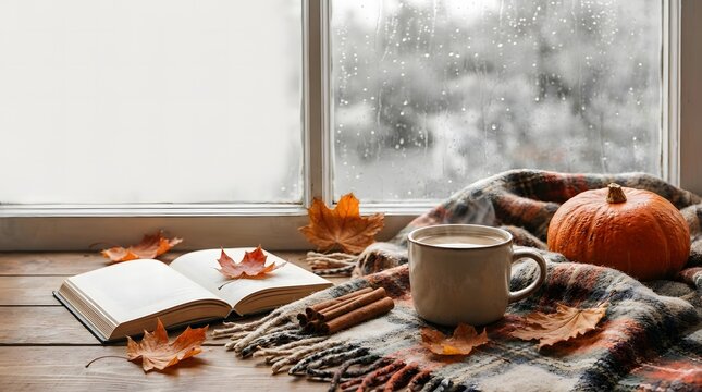 Cozy autumn scene with book coffee and pumpkin by a rainy window