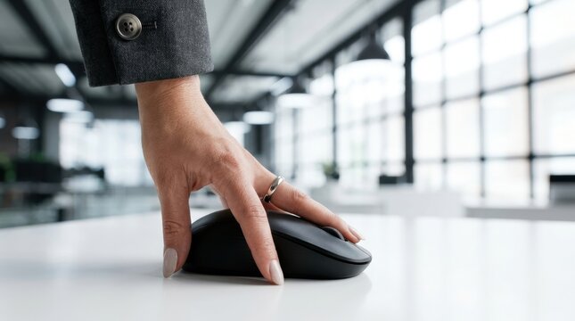 Human hand hovering over a computer mouse on a white surface in an office setting