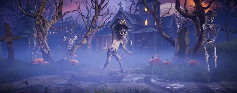 Halloween party. Funny zombies and skeletons dancing in a scary gothic cemetery. 3D animation for holiday cards, invitations, posters, events, parties