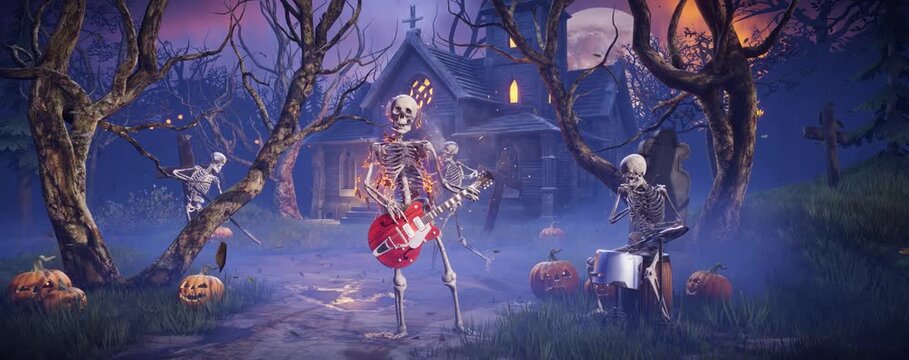 Halloween party: eerie music group playing rock in frightening gothic graveyard. Amusing skeletons dancing, playing guitars and drums. Animated video for greeting cards, invitations, posters, events,