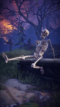 Halloween party. Funny zombies and skeletons dancing in a scary gothic cemetery. 3D animation for holiday cards, invitations, posters, events, parties