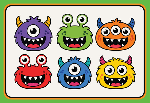 Six colorful cartoon monsters with big eyes and happy expressions