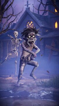 Halloween party. Funny zombie and skeletons dancing in a scary gothic cemetery. 3D animation for holiday cards, invitations, posters, events, parties