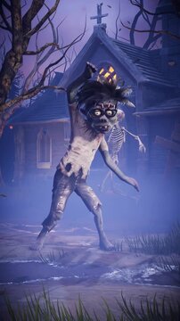 Halloween party. Funny zombie and skeletons dancing in a scary gothic cemetery. 3D animation for holiday cards, invitations, posters, events, parties