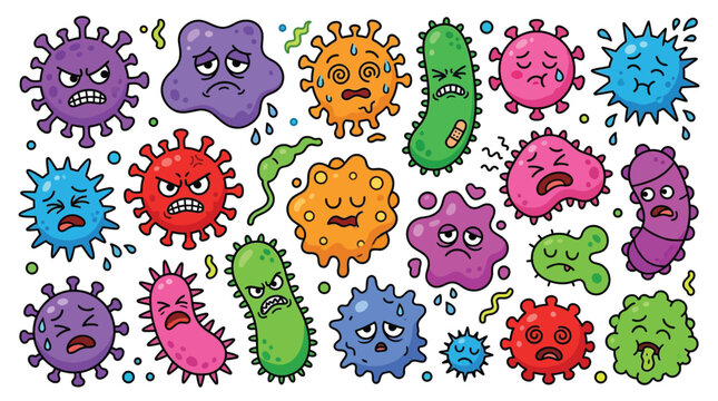 Colorful vector illustration featuring a collection of funny cartoon germs with various angry facial expressions