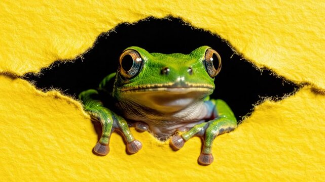 Cute green frog peeking through torn yellow paper with large eyes and a curious expression, looking at the camera