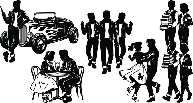 Group of 1950s style teenagers in leather jackets with classic hot rod car and dancing couples