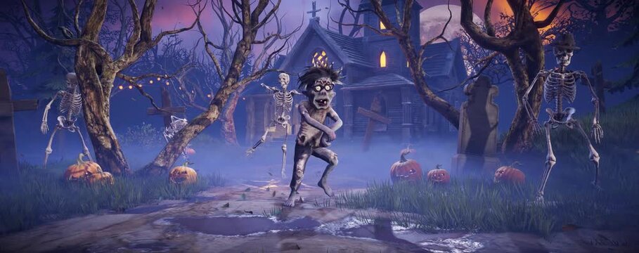 Halloween party. Funny zombies and skeletons dancing in a scary gothic cemetery. 3D animation for holiday cards, invitations, posters, events, parties