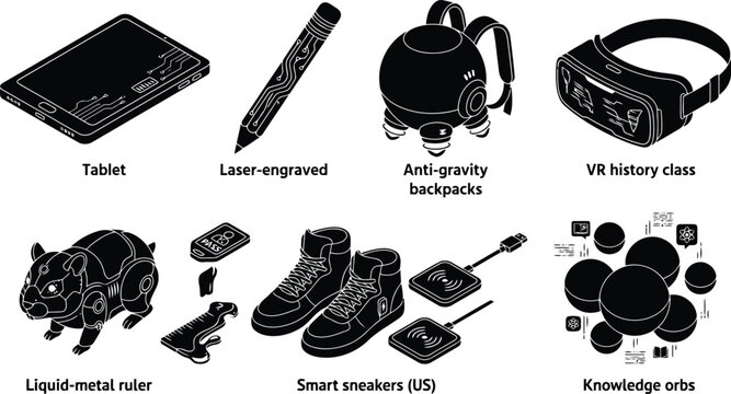 Set of futuristic technology gadgets and smart devices in isometric black and white line art style