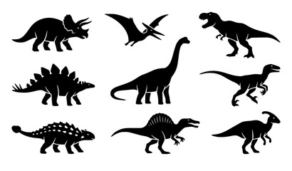 Prehistoric Dinosaur Silhouette Icon Set Featuring Triceratops Pterodactyl Tyrannosaurus Rex Stegosaurus Brachiosaurus Velociraptor and Spinosaurus Vectors for Children Graphic Designs © MdGohurul