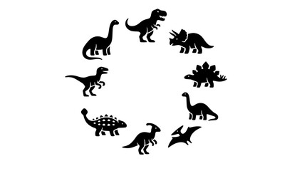 Prehistoric Dinosaur Silhouette Icon Set Arranged in Circle Featuring Tyrannosaurus Rex Triceratops Stegosaurus Brachiosaurus and Pterodactyl Vectors for Children Education © MdGohurul