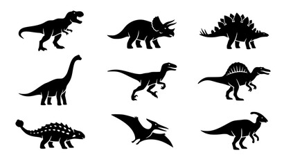 Prehistoric Dinosaur Silhouette Icon Set Featuring Tyrannosaurus Rex Triceratops Stegosaurus Brachiosaurus Velociraptor Spinosaurus and Pterodactyl Vectors for Kids Graphic Designs © MdGohurul