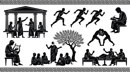 Ancient greek life silhouettes set with people athletics philosophy music and traditional art style © Shahriar