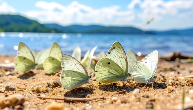 Close-up of pale yellow butterflies resting on sand, lake and mountains in the blurry background